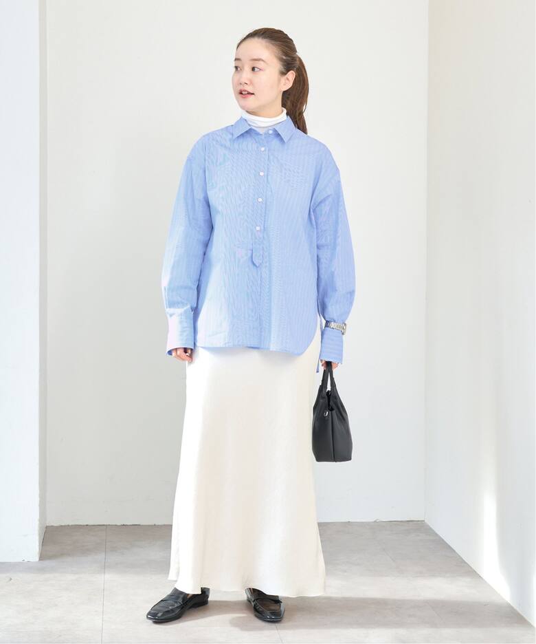リヨセルストライプレギュラーシャツ ブルー A フリー IENA ノーカラー