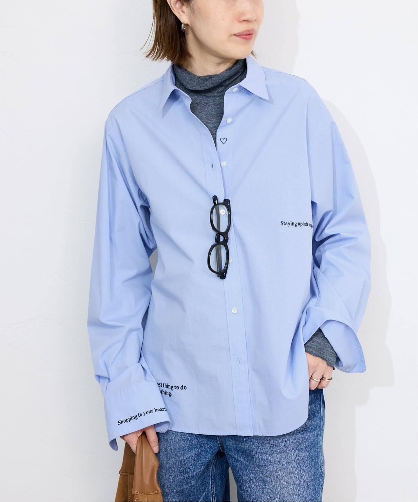 LAPINE BLEUE セーリング刺繍シャツ 日本製 フロント ジオメトリック刺繍シャツ カッタウェイ 白 紺 600674