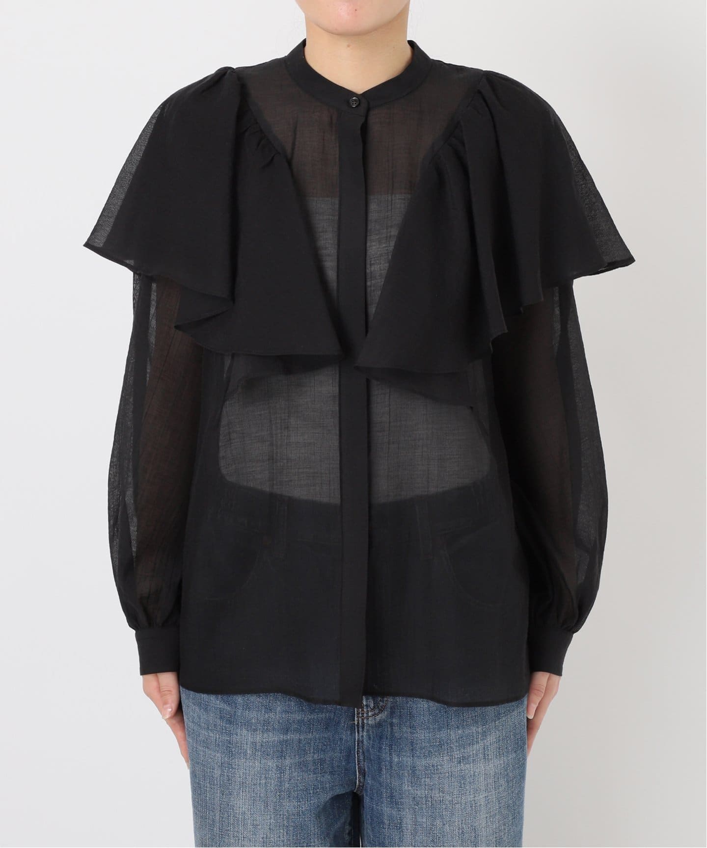 Spick &amp; Spanシアーストライプフロンタブルブラウス シアーストライプラッフルブラウス