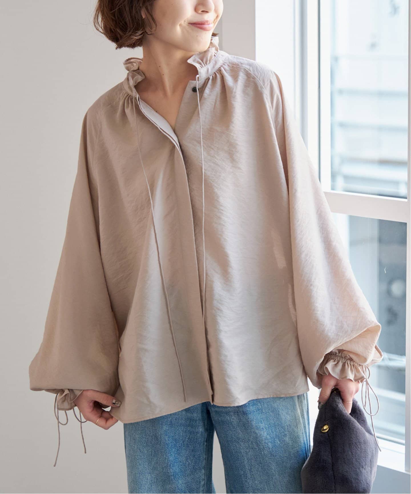 【お値下げ】Spick and Spanフリルリボンブラウス シャツ ベージュA スピック＆スパン Spick & Span 《追加》ハイブリットフリル