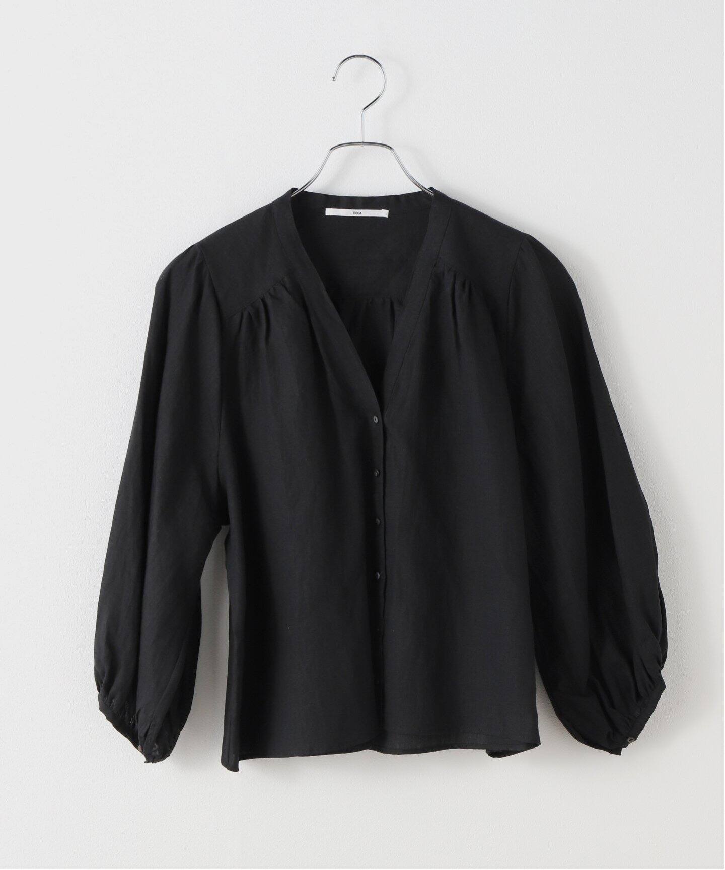【定価2.3万】ティッカ TICCA *シャーリングブラウス F*ブラック黒ショート丈シンプル七分袖(84-2503-23)【60D52】 TICCA(ティッカ)｜シャーリングブラウス/ブラック の通販