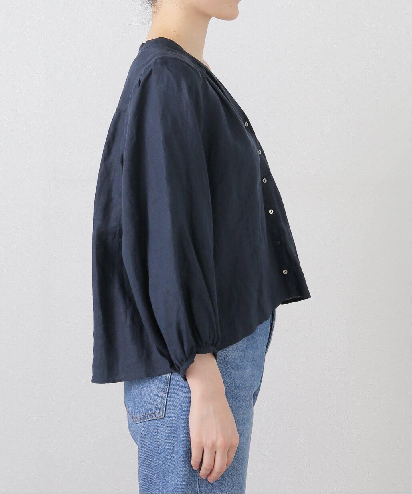 ティッカ TICCA *コットンスタンドカラーシャツ*F綿SOMELOSネイビー紺ブラウス(25-2506-74)【32F52】 TICCA / ティッカ 別注 ギャザーパフブラウス（シャツ／ブラウス