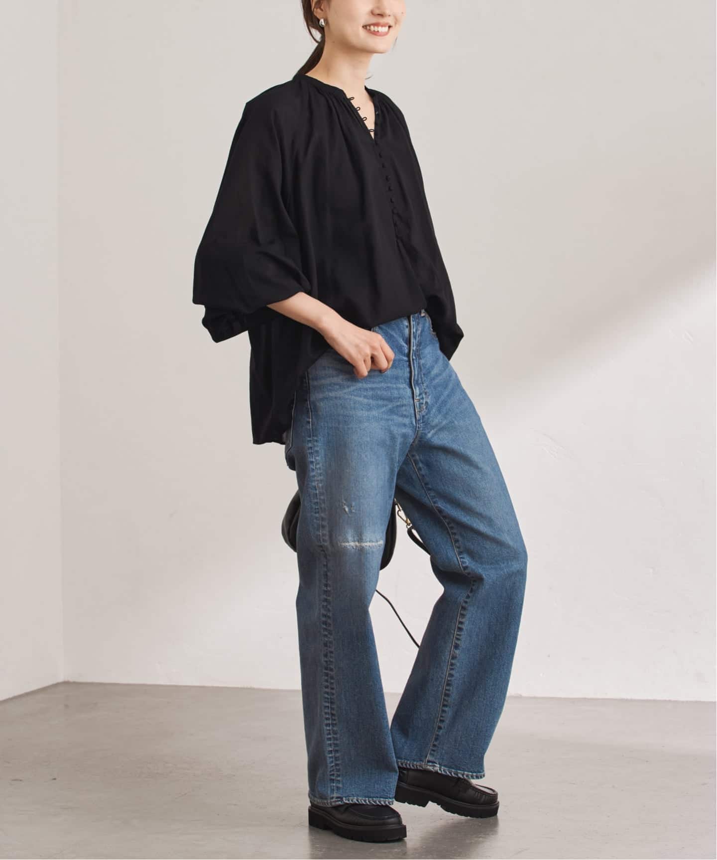 FRAMeWORK ★ ＃② 22051220705030 ソフトジョーゼット Teeブラウス レディース ブラック FREE 7days Life Styling ブラウス シャツ ジョーゼットエアリー7分袖