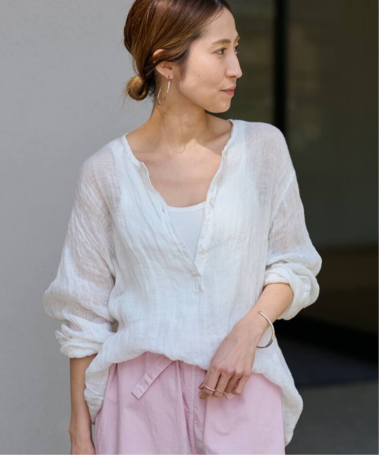 LINENクレープヘンリーネックブラウス（シャツ／ブラウス）｜FRAMeWORK  