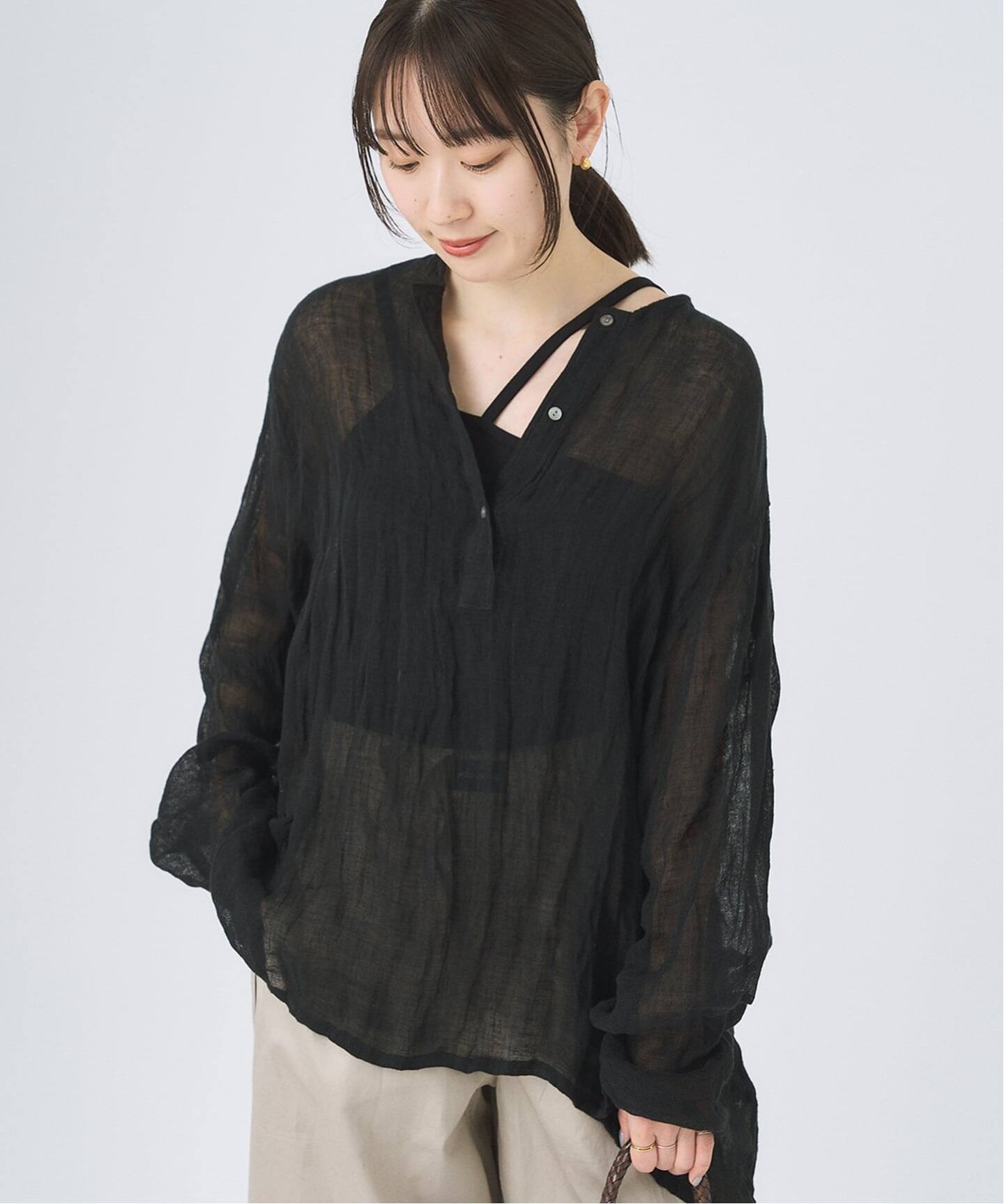 ≪追加≫LINENクレープヘンリーネックブラウス 2（シャツ