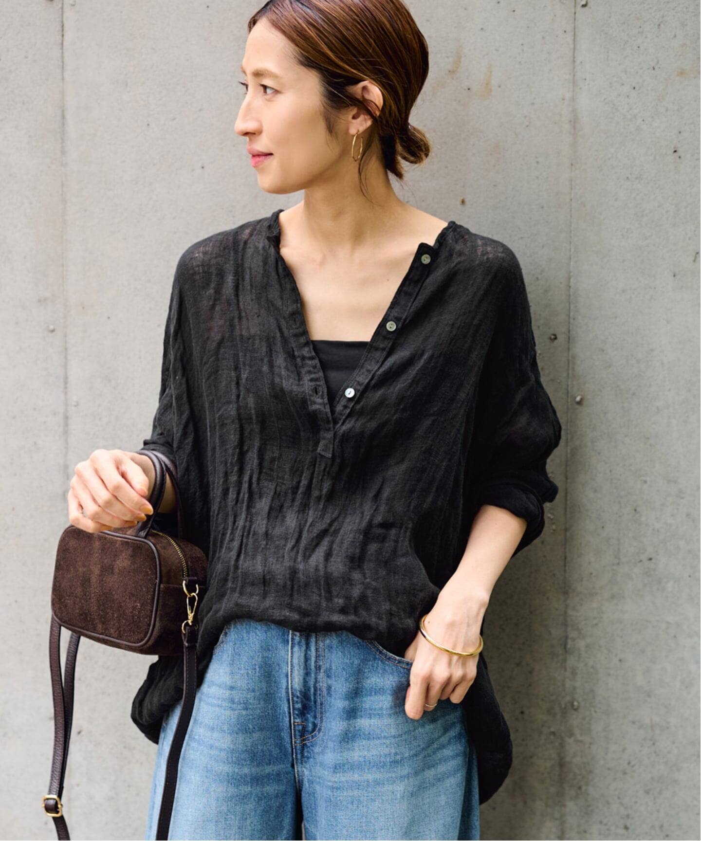 フレームワーク クレープヘンリーネックブラウス ブラック 新品未使用 FRAMeWORK（フレームワーク） ブラウス シャツ 「追加」LINENクレープ