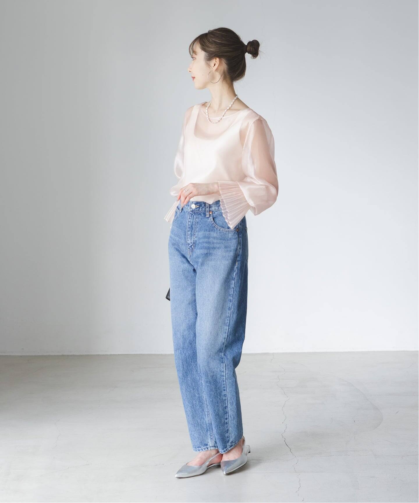 追加》パールシアープリーツカフスブラウス（シャツ／ブラウス