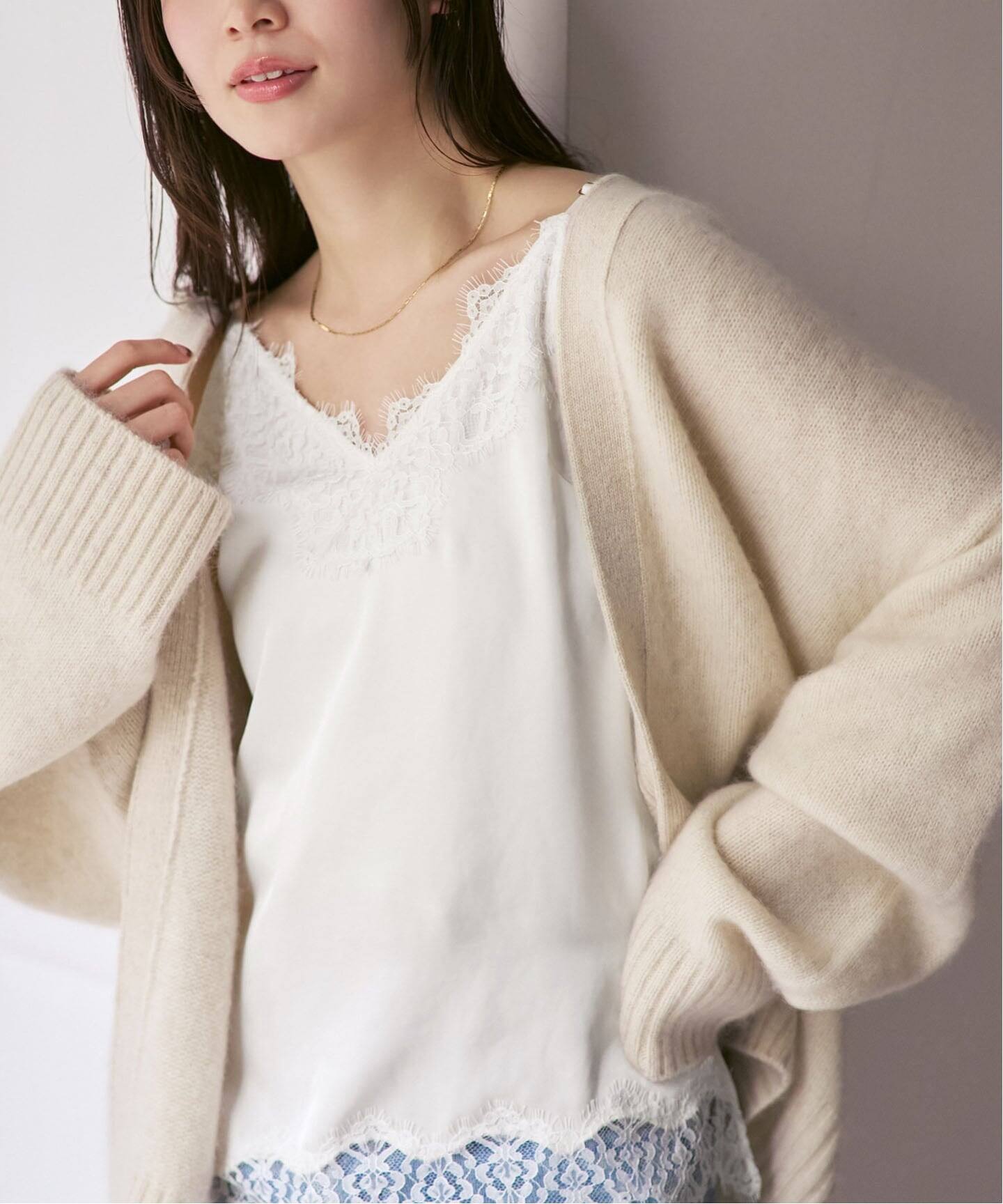 noble ドレープサテンキャミソール 追加予約》リバーレーストリミングサテンキャミソール（キャミソール