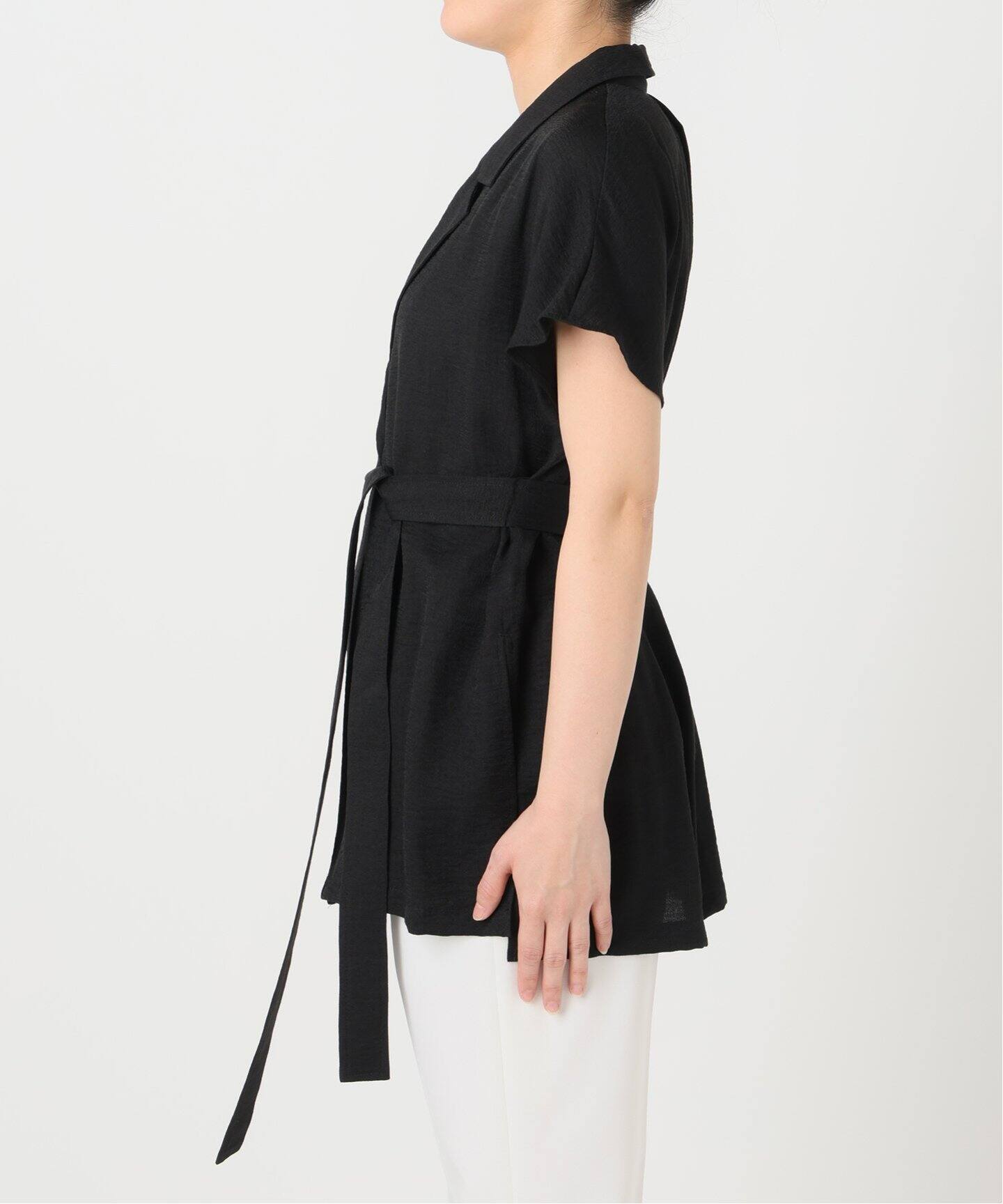 洗える】ファジーリネンニュアンスベルテッドブラウス（シャツ