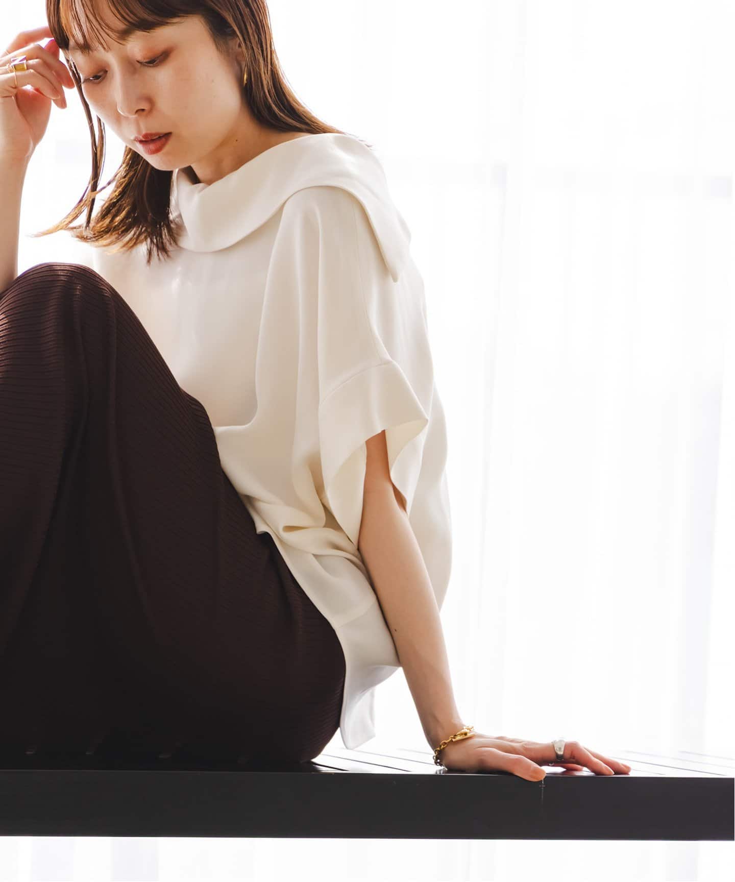 追加》【洗える】2WAYワイドカラーキュプラブラウス（シャツ／ブラウス