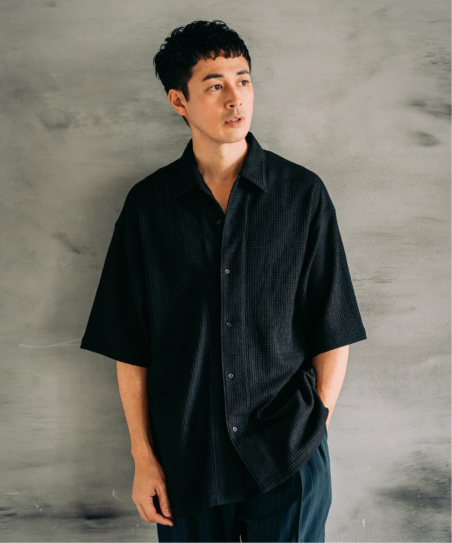 ウェーブメッシュ ワイドシルエット 5分袖 オープンカラーシャツ