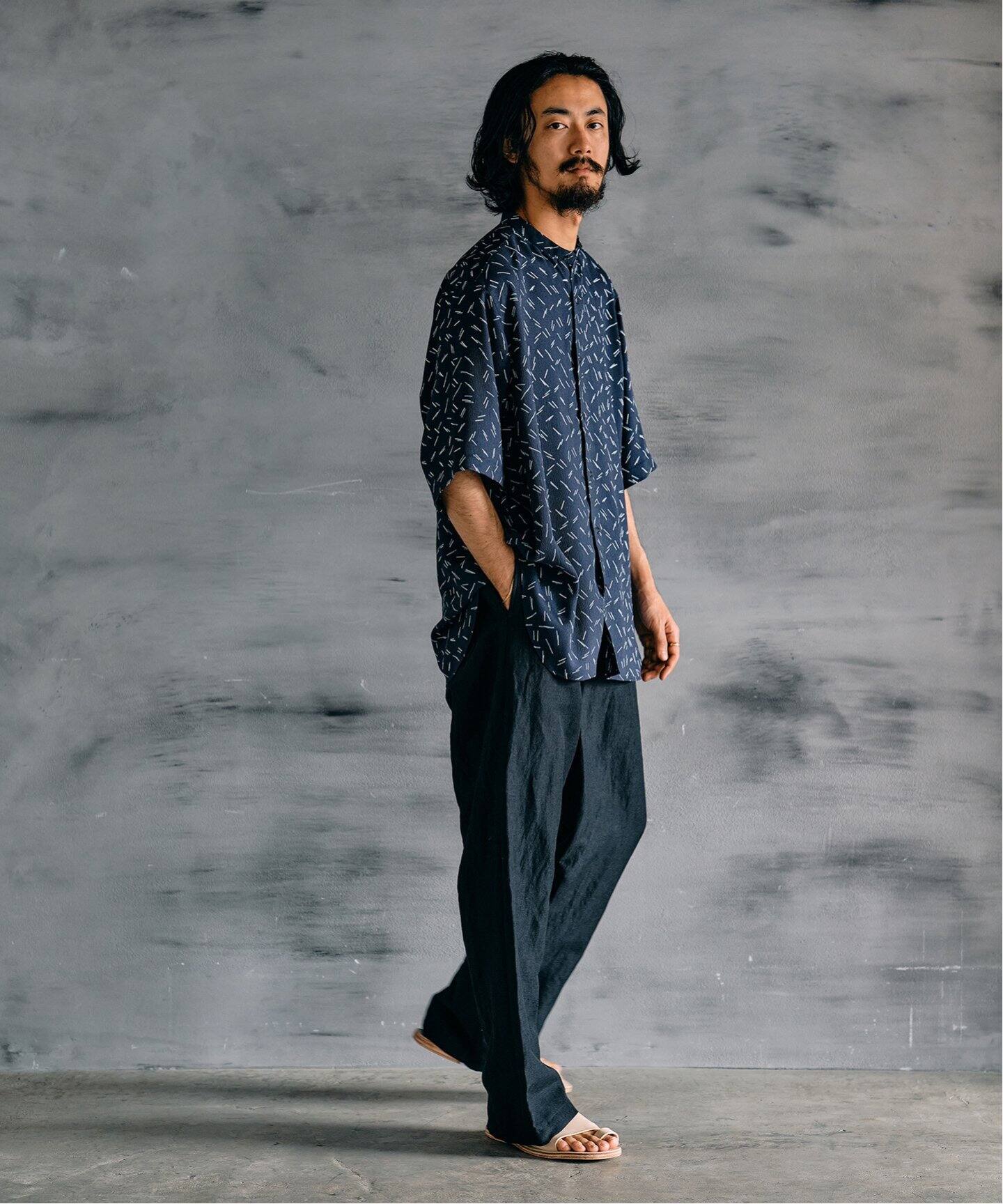 styling/ パフスリーブシャツ パターンクレープ ショートスリーブ バンドカラーシャツ（シャツ