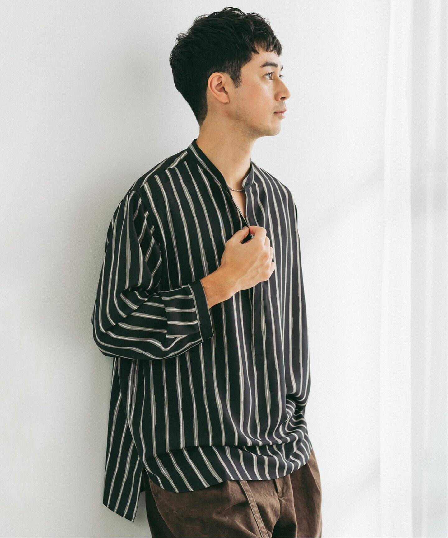 ストライプ ドレーピー 8分袖 バンドカラープルオーバーシャツ（シャツ