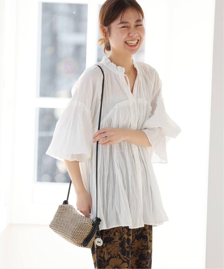 追加》コットンボイルクリンクルフリルギャザーブラウス（シャツ  