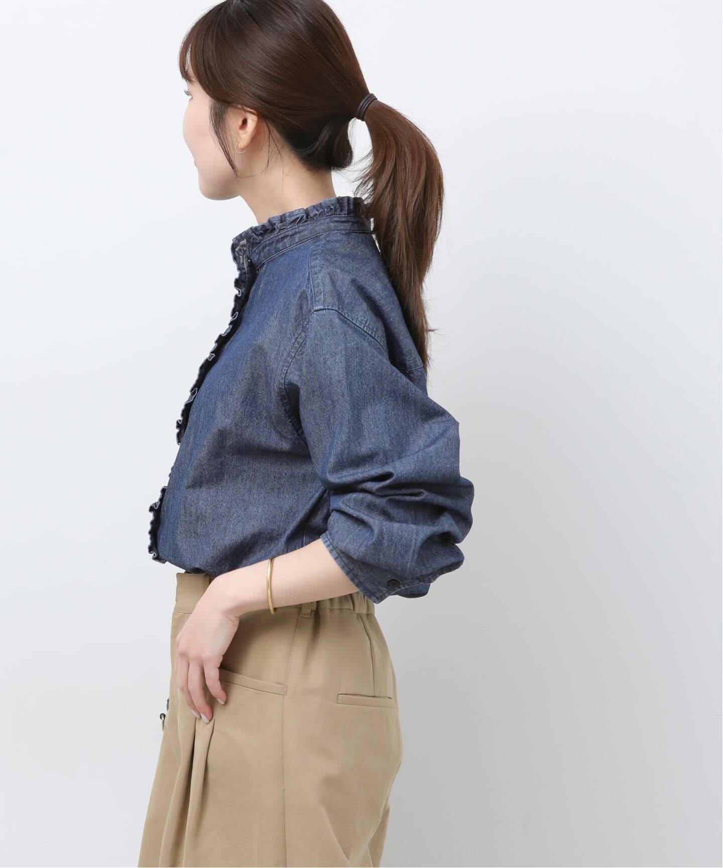 スタンドネックデニムフリルブラウス 追加予約3 / 新色》スタンドネックデニムフリルブラウス（シャツ