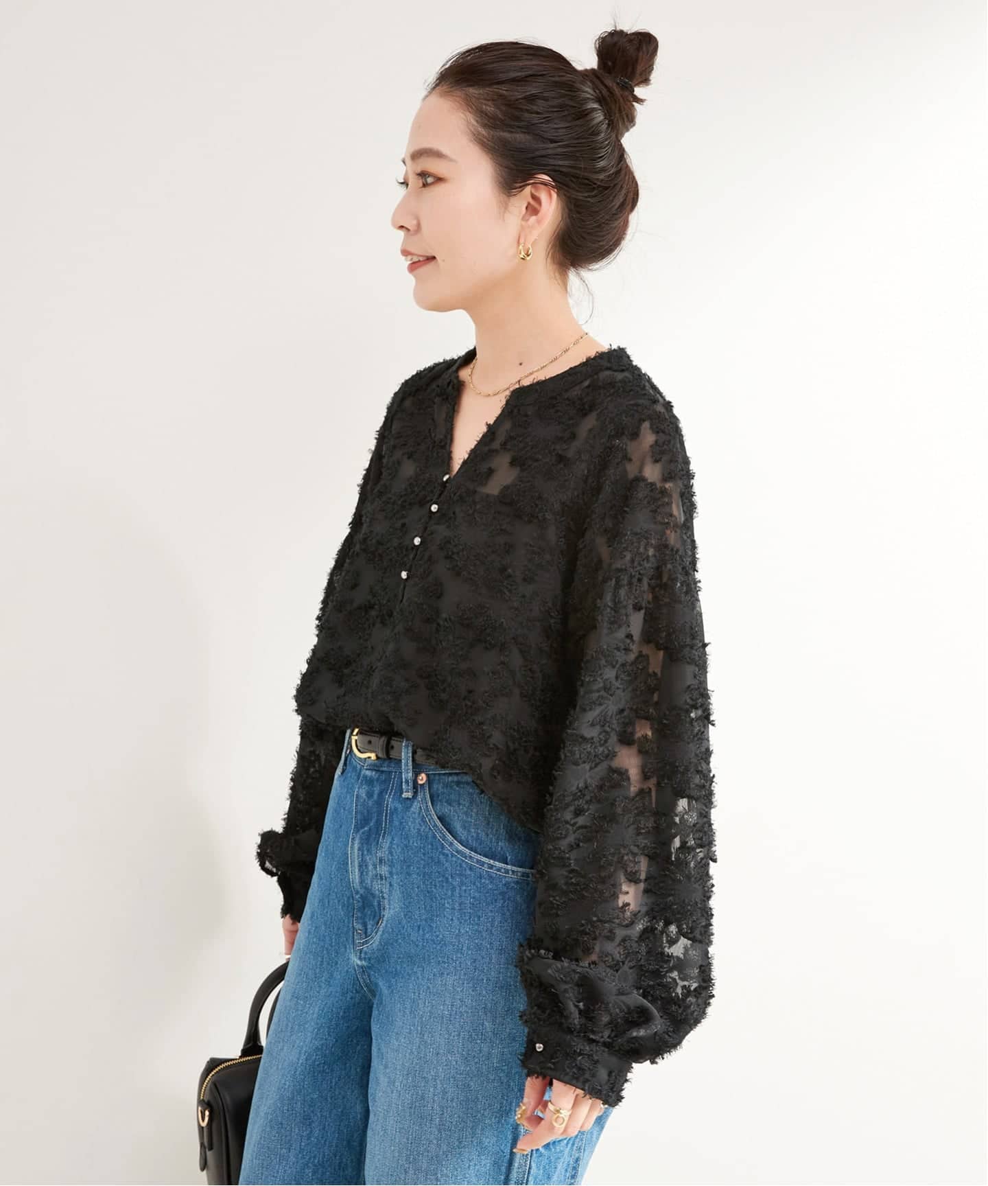 追加7》手洗い可 / パフスリーブジャガードブラウス（シャツ／ブラウス