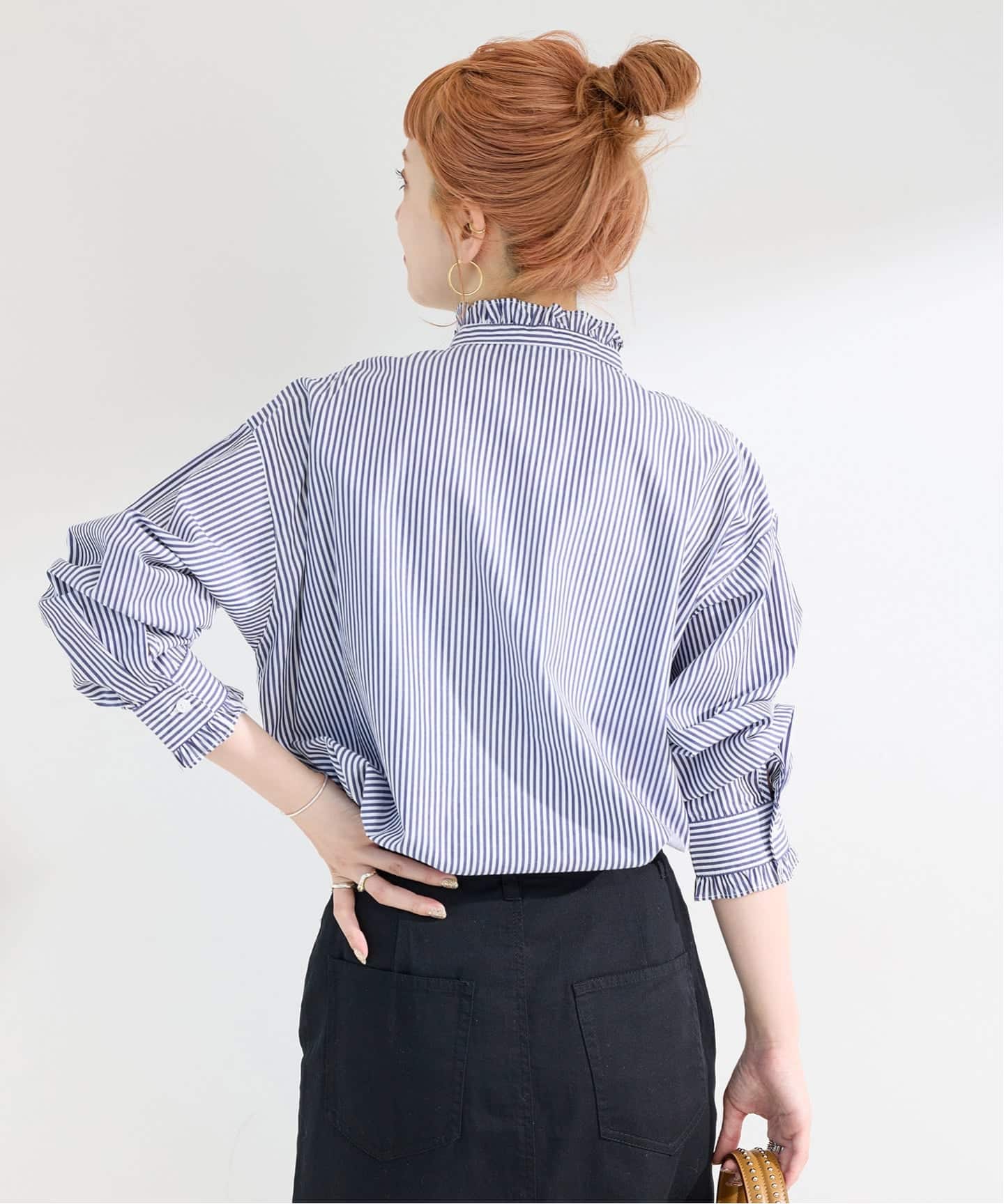 KAPITALスタンドカラーフリルブラウス　ストライプ　グリーン KAPITALスタンドカラーフリルブラウス ストライプ グリーン