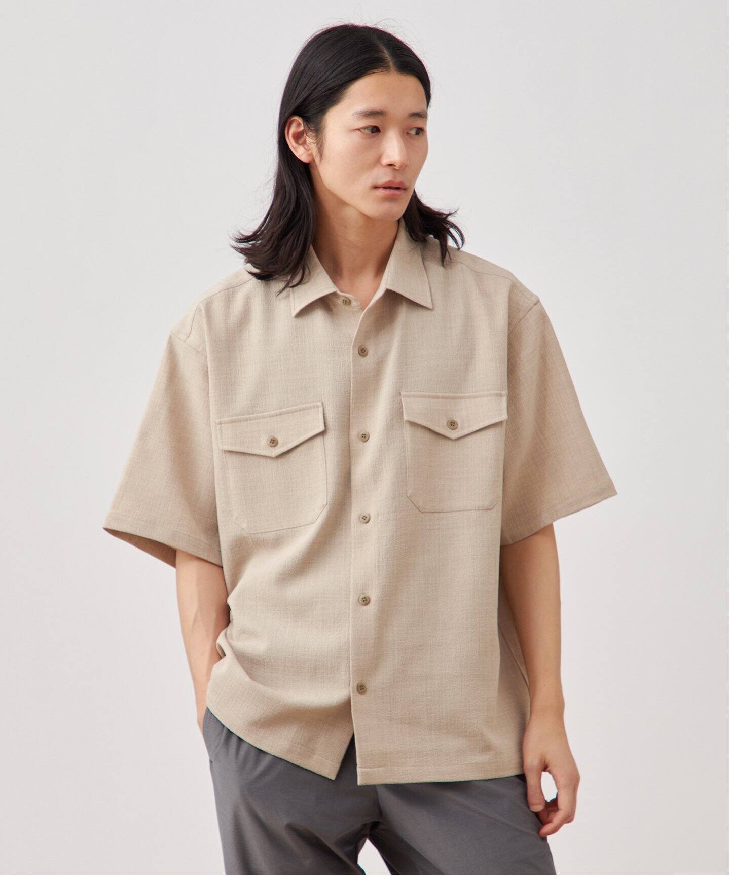 リネンライクキャンバス オーバーショートスリーブシャツ（シャツ 