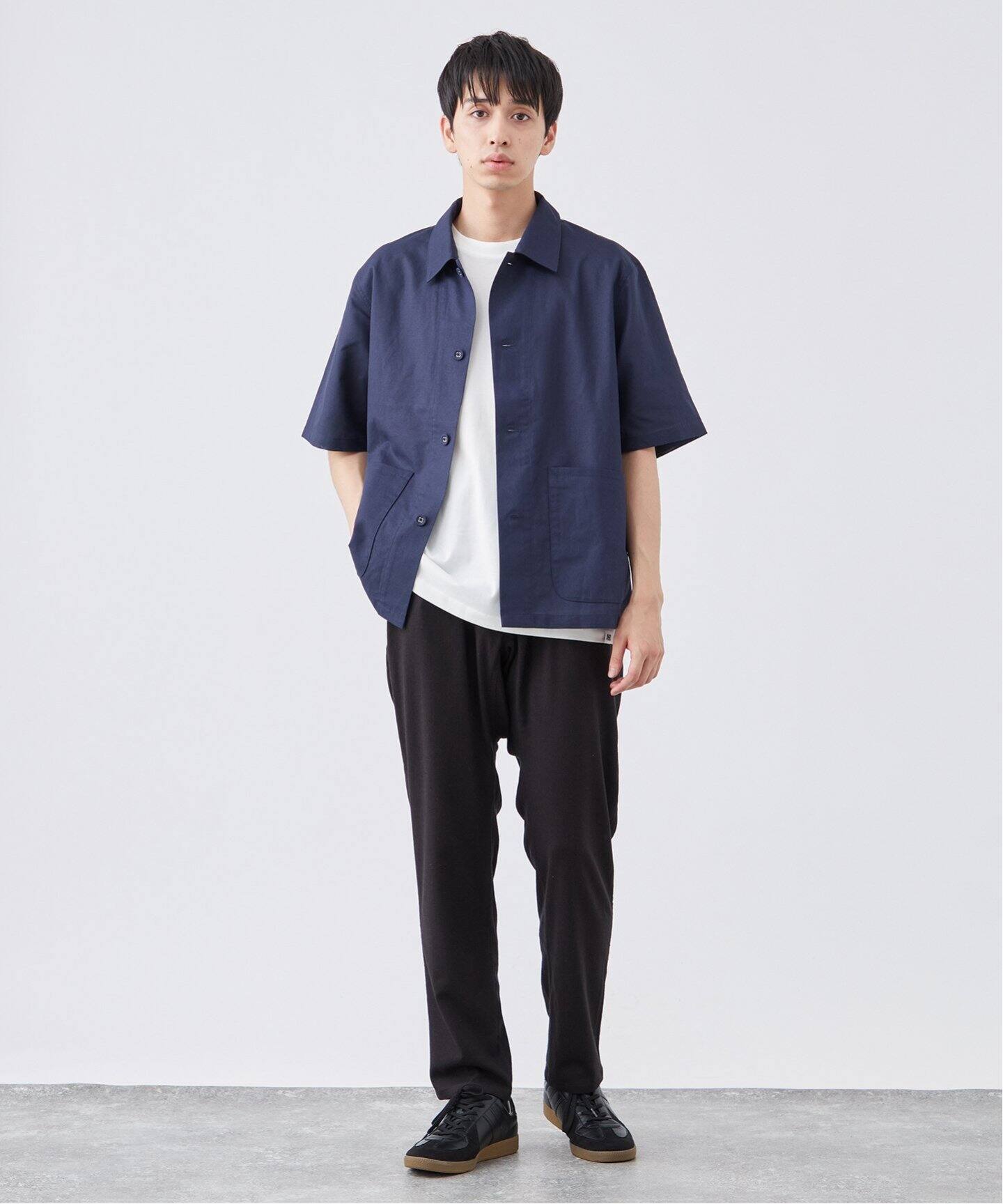 EFFLORESCENCE ネイビー 半袖シャツ(Lサイズ） SCI-SCI / 紙糸】バスケット 半袖カバーオールシャツ（シャツ