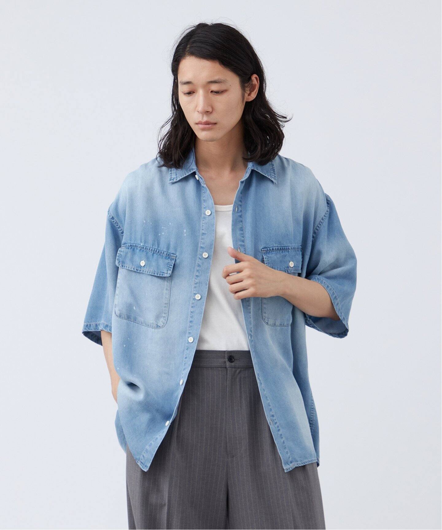 リヨセルデニム ギャザーレギュラーカラー 半袖シャツ（シャツ