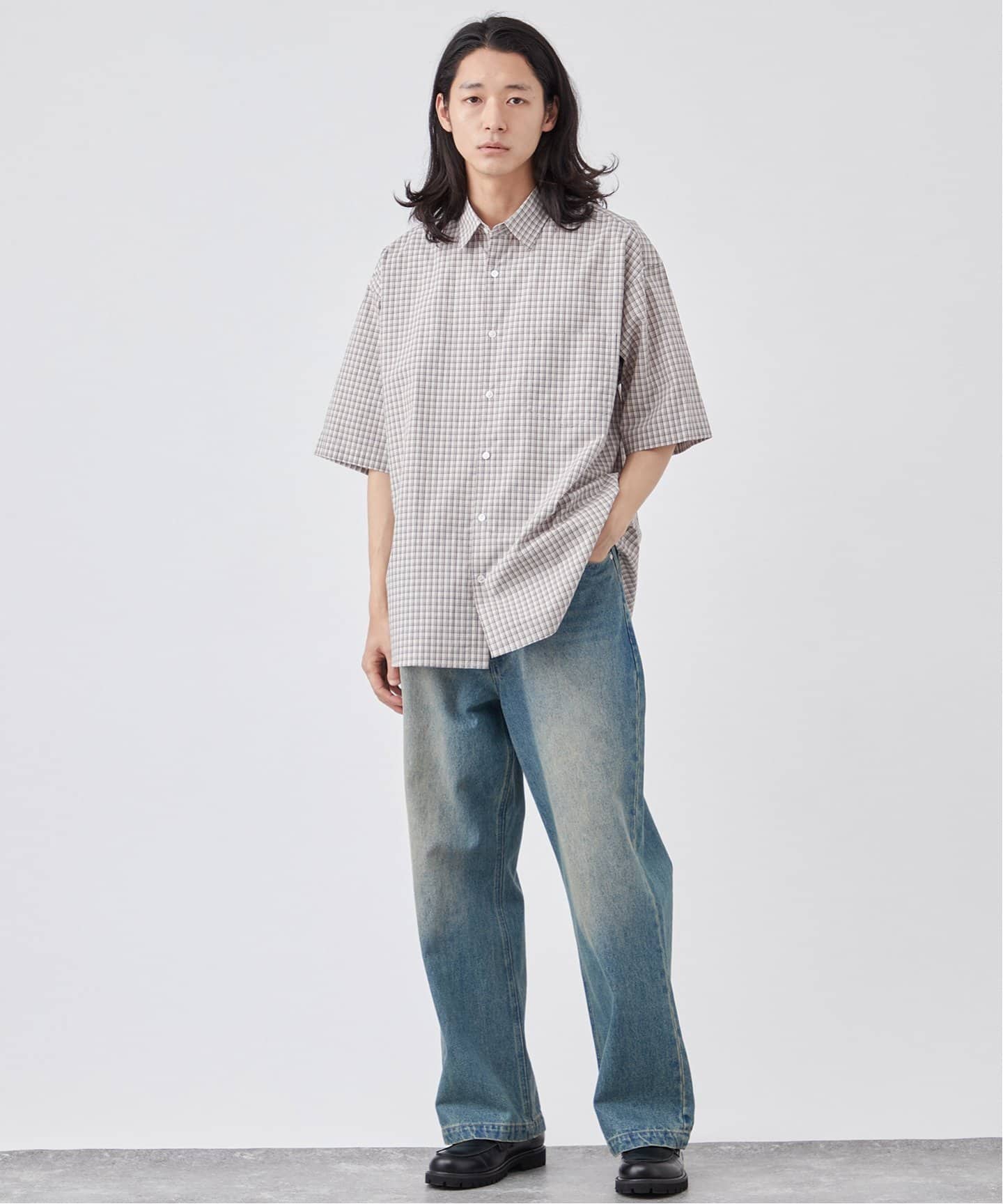 【HUECLOSET】★送料・関税込★モノチェックハーフシャツ B.C STOCK シャツ PLAID オーバーサイズ ハーフスリーブ