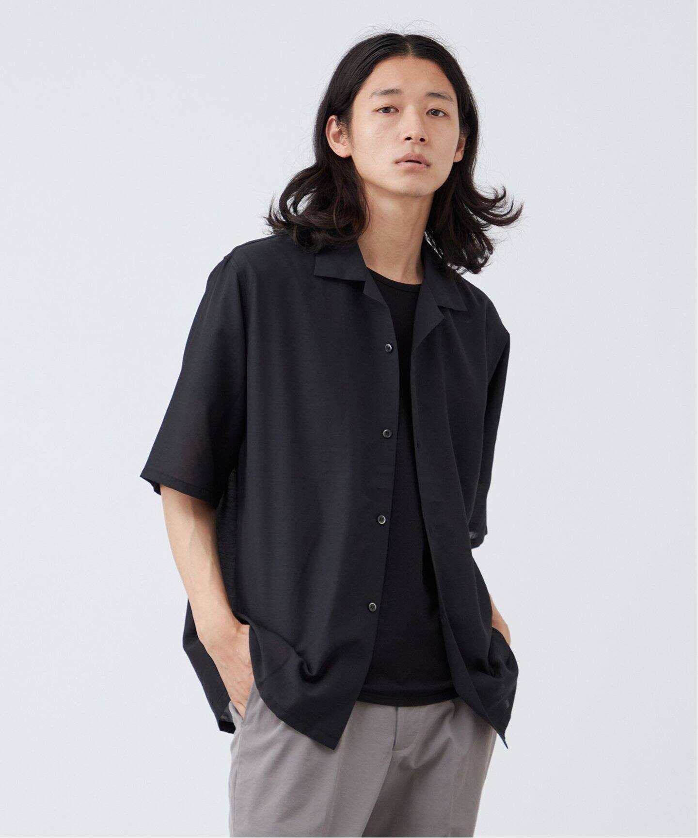 リネンブレンド シアー オープンカラー半袖シャツ（シャツ／ブラウス 