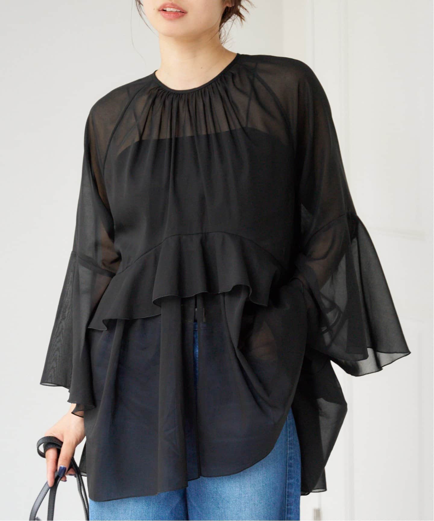 IENA シアーコットンラッフルチュニックブラウス　ブラック IENA - IENA イエナ ティアード シアーコットンラッフルチュニック