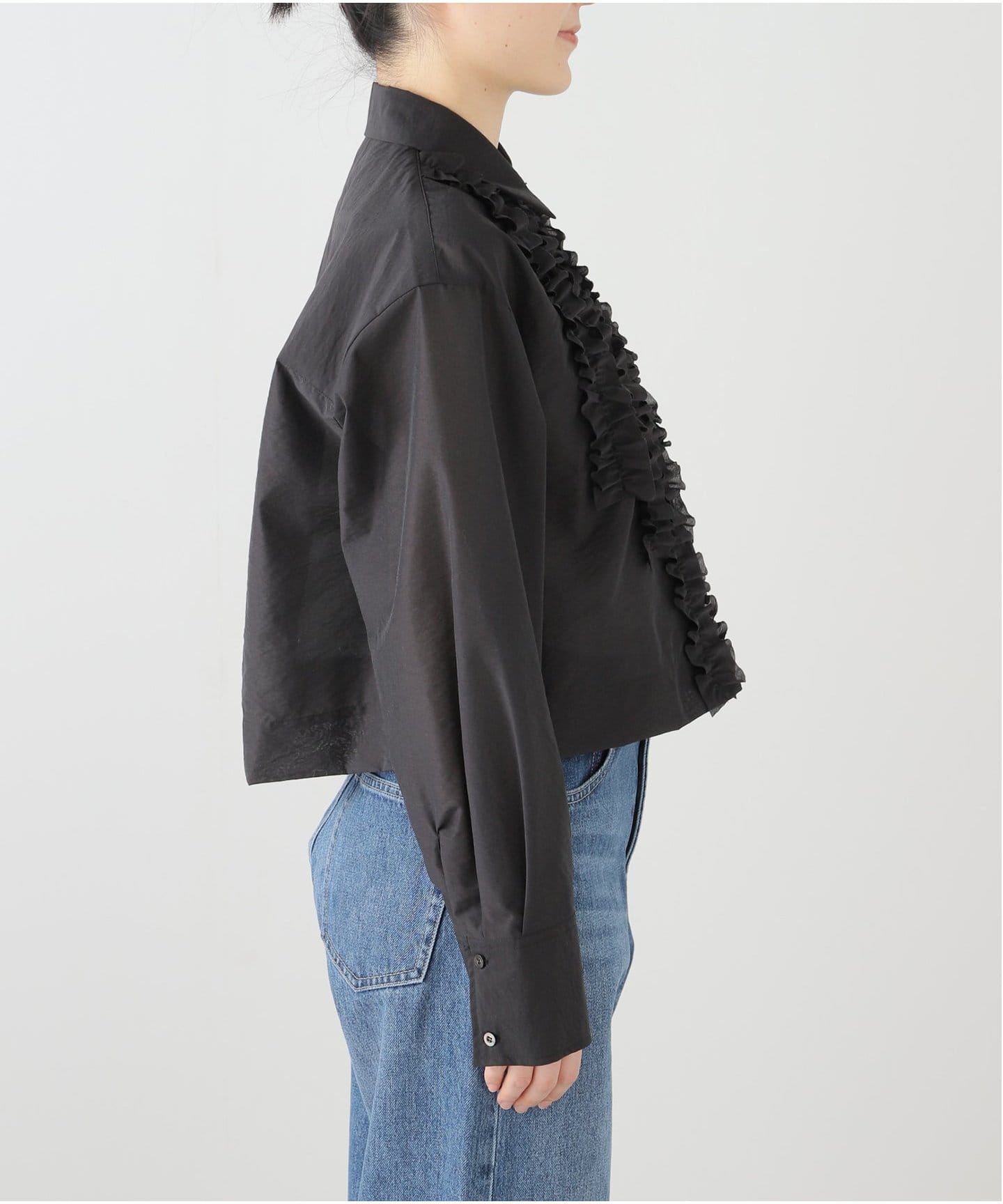 美品 イエナIENA シャツカラーフリルブラウス ブラックFREE 25SS