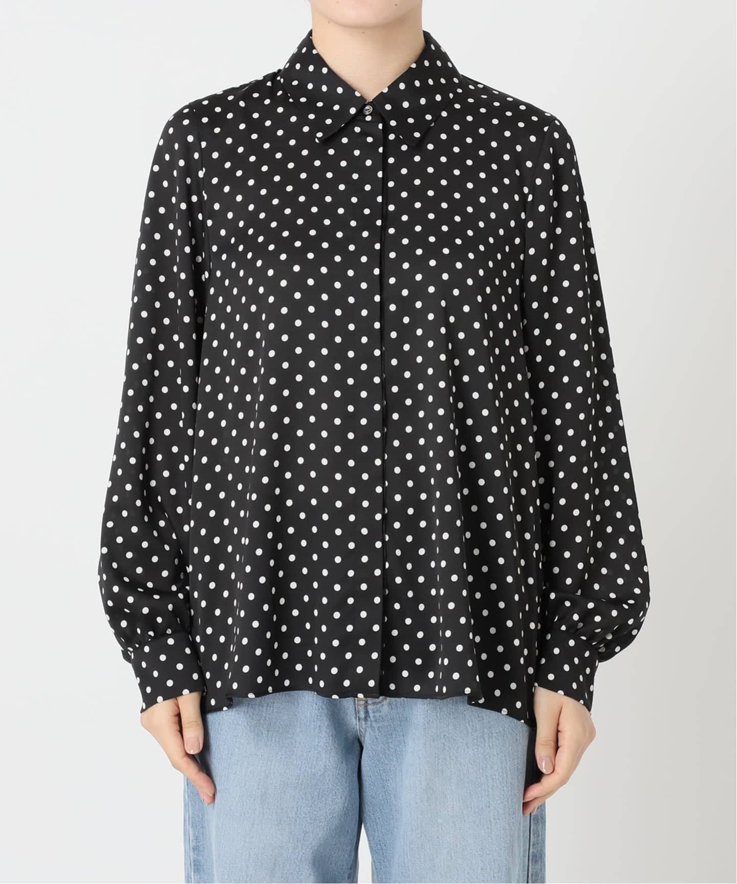 新品未使用 IENA ネイビー ドット柄 サテンシャツ 長袖 Ｆ WEB限定/追加3予約》サテンドットタイ付ブラウス（シャツ／ブラウス