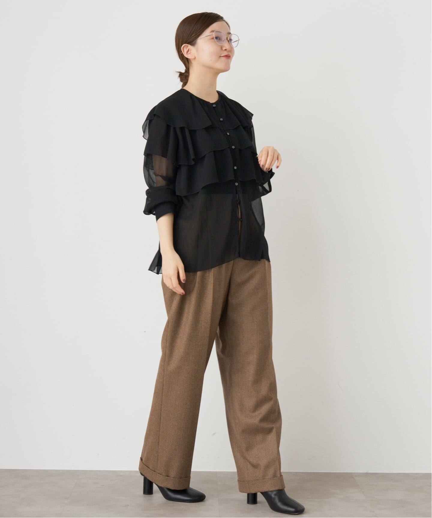 45R ウール縮絨ワイドブラウス フリルデザイン チャコールグレー Samansa Mos2（サマンサ モスモス）の「起毛フリルカラーブラウス