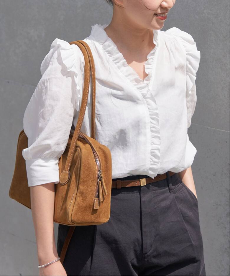 追加》コットンシュリンクフリルハーフスリーブブラウス（シャツ 