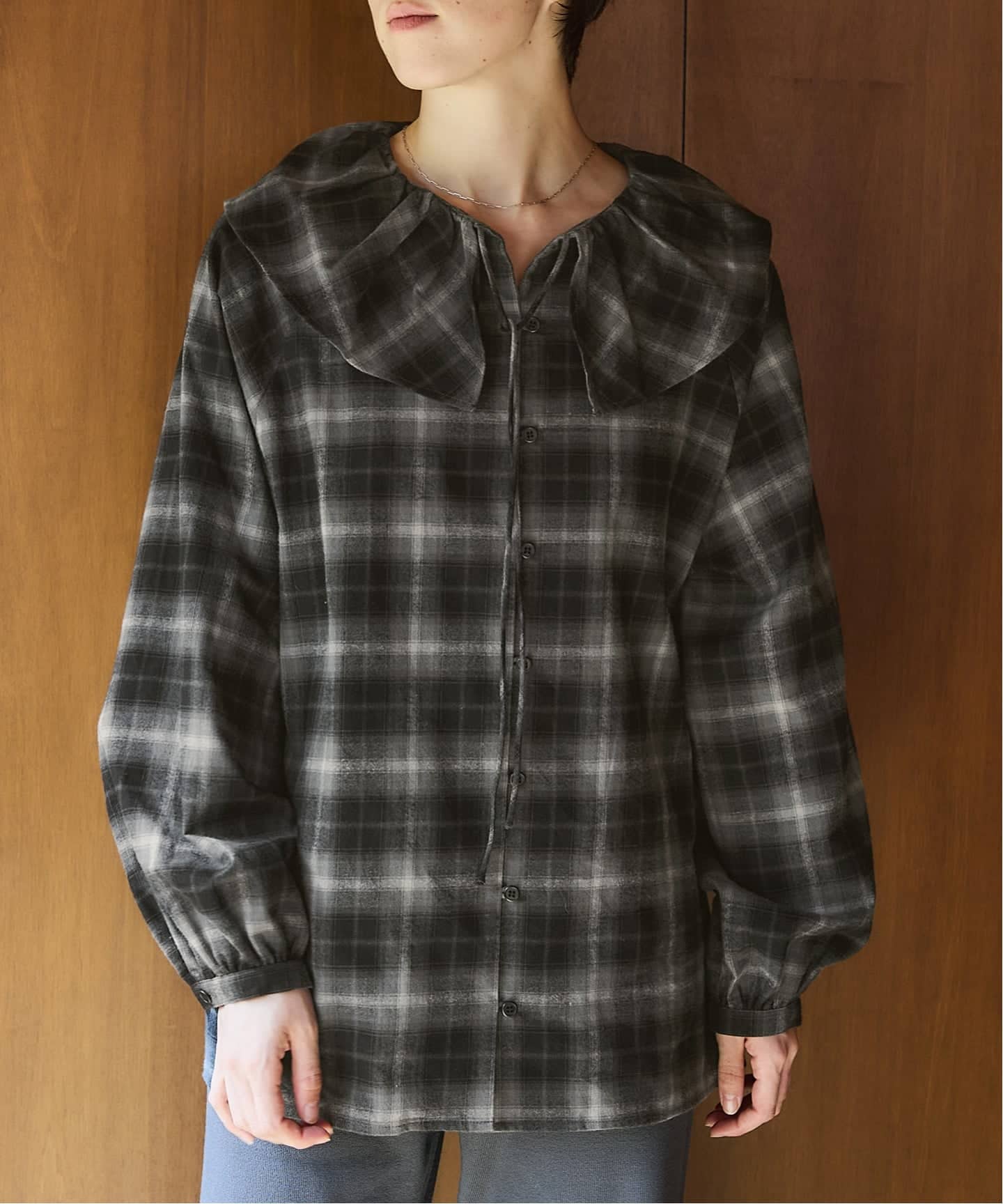 IENA BLACK フリルチェックブラウス☆タグ付き イエナ IENA 《追加2予約》BLACK フリルチェックブラウス （グレーB