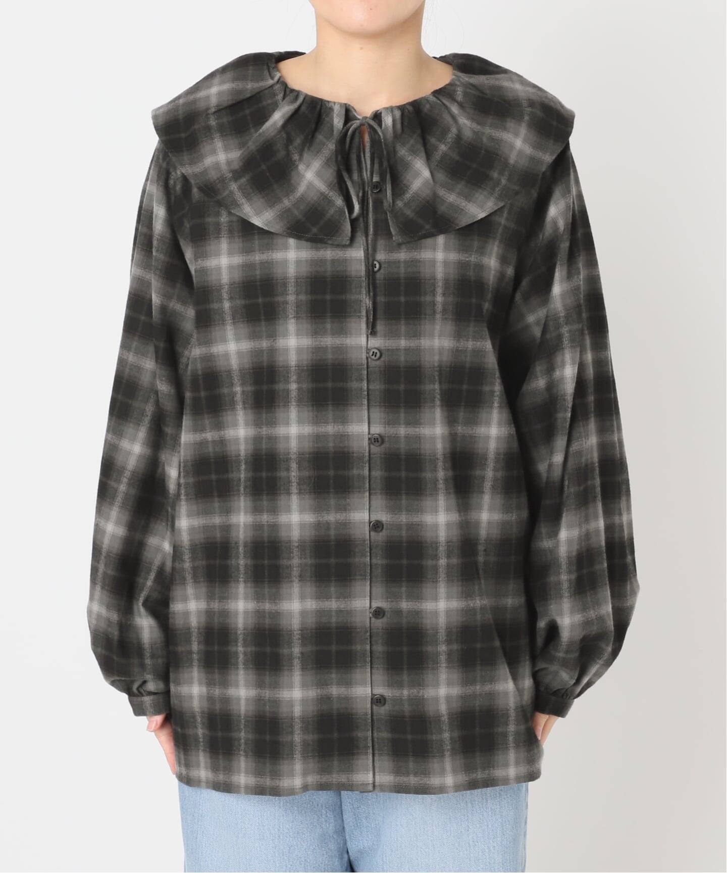 追加2》BLACK フリルチェックブラウス（シャツ／ブラウス