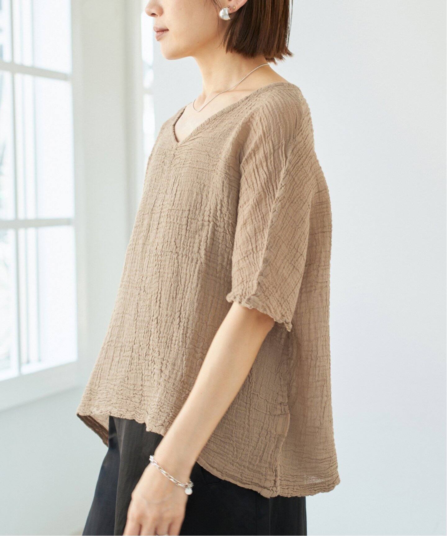 IENA アトリエフランセ　ハーフスリーブトップス LES ATELIERS FRANCAIS DE CONFECTION ハーフスリーブトップス