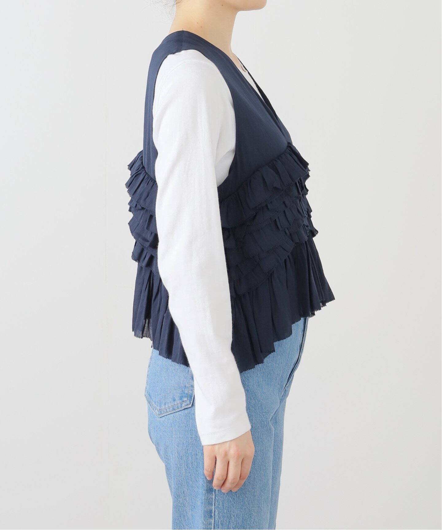 イエナ IENA ライトWクロス ノースリーブ フリルブラウス ネイビー 美品 2WAY フリルノースリーブブラウス（シャツ／ブラウス）｜SLOBE IENA