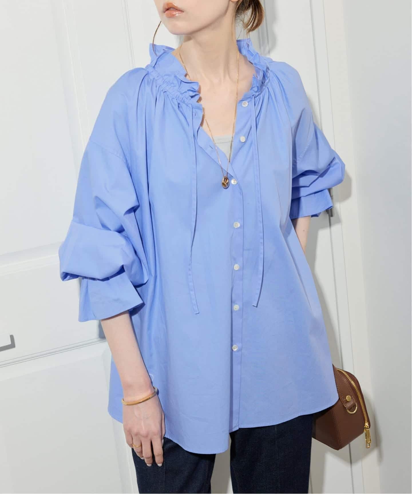 美品イエナIENA ストライプフリルカラーシャツブラウスFブルー系