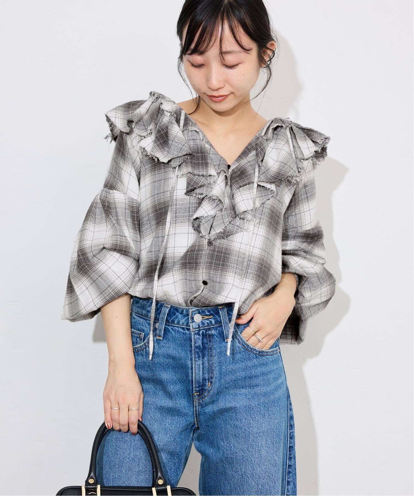 crinkle crinkle crinkle SLOBE別注 ネルチェックラッフルブラウス CC 