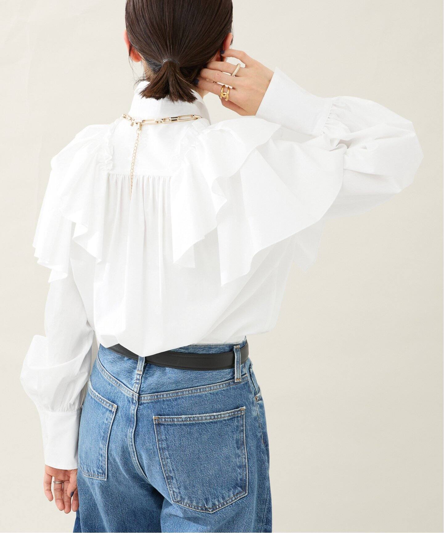 ☆新品未使用☆IENAオフショルダー ネイビー フリルシャツ オフショルダー デザイン シャツ