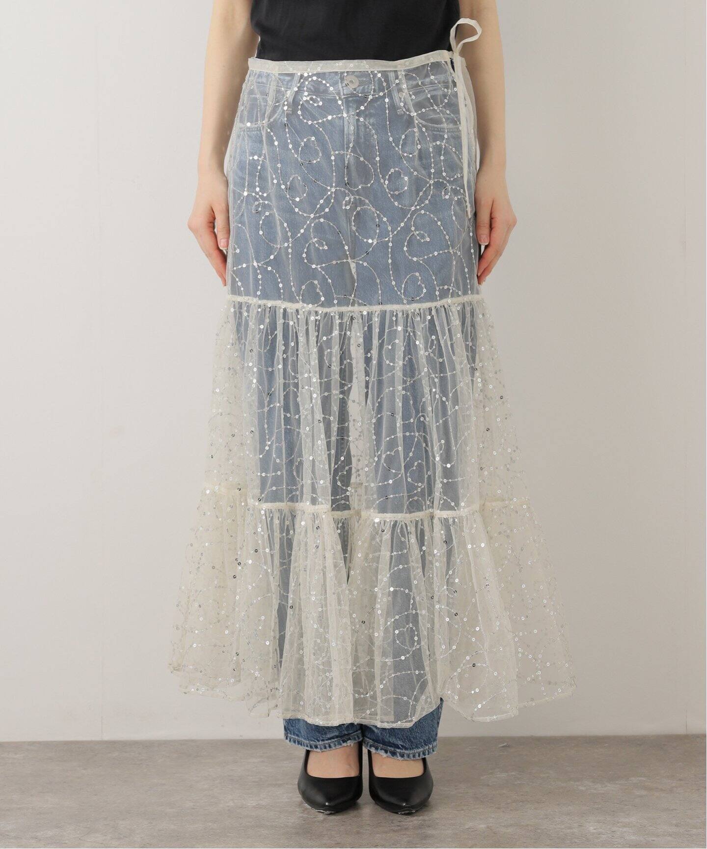 SARA MALLIKA SHINY SEQUIN EMBROIDERY SKIRT 020351SN2：スカート 