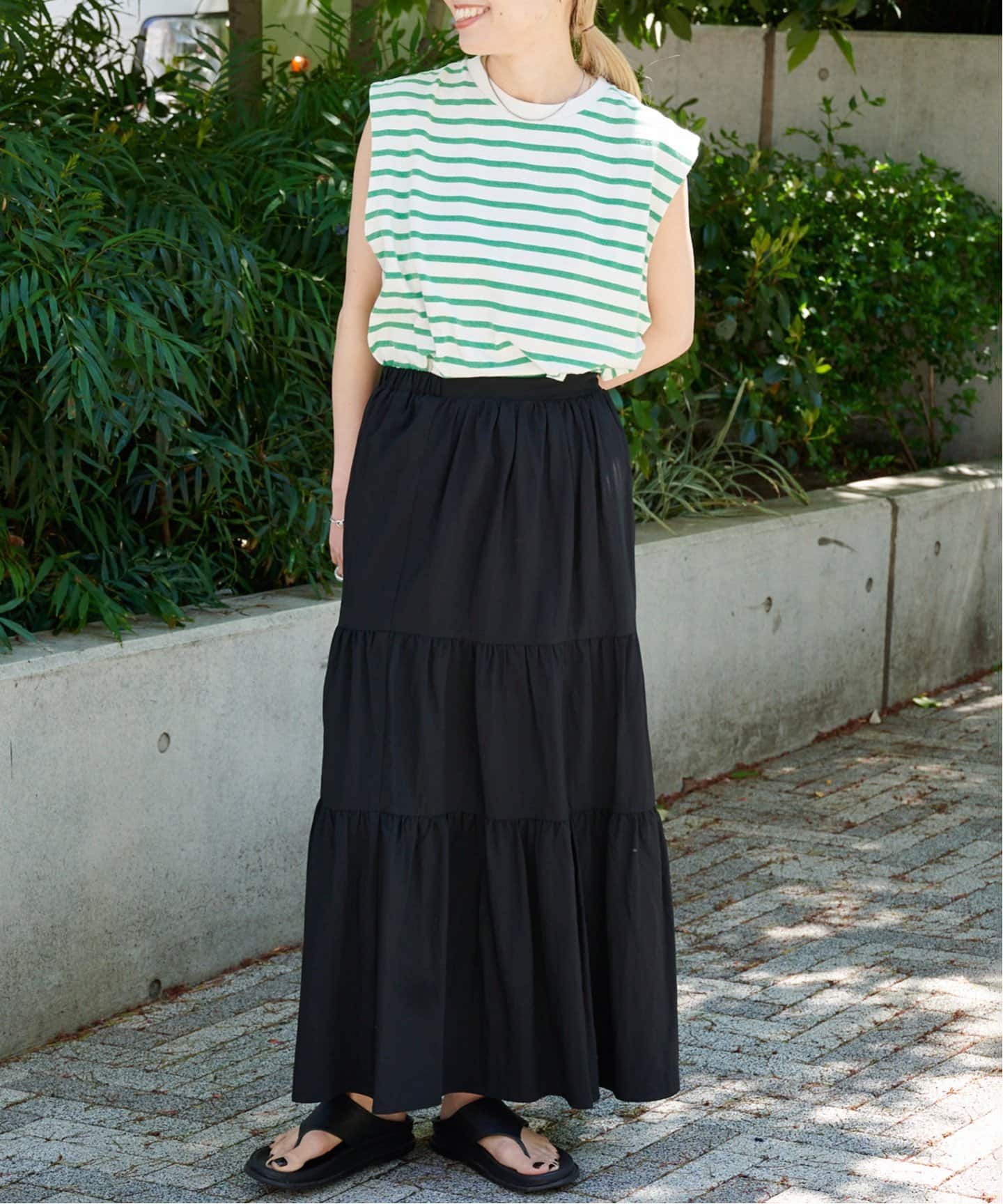 新品タグ付】PINUE ワッシャーティアードスカート BLACK S ワッシャー