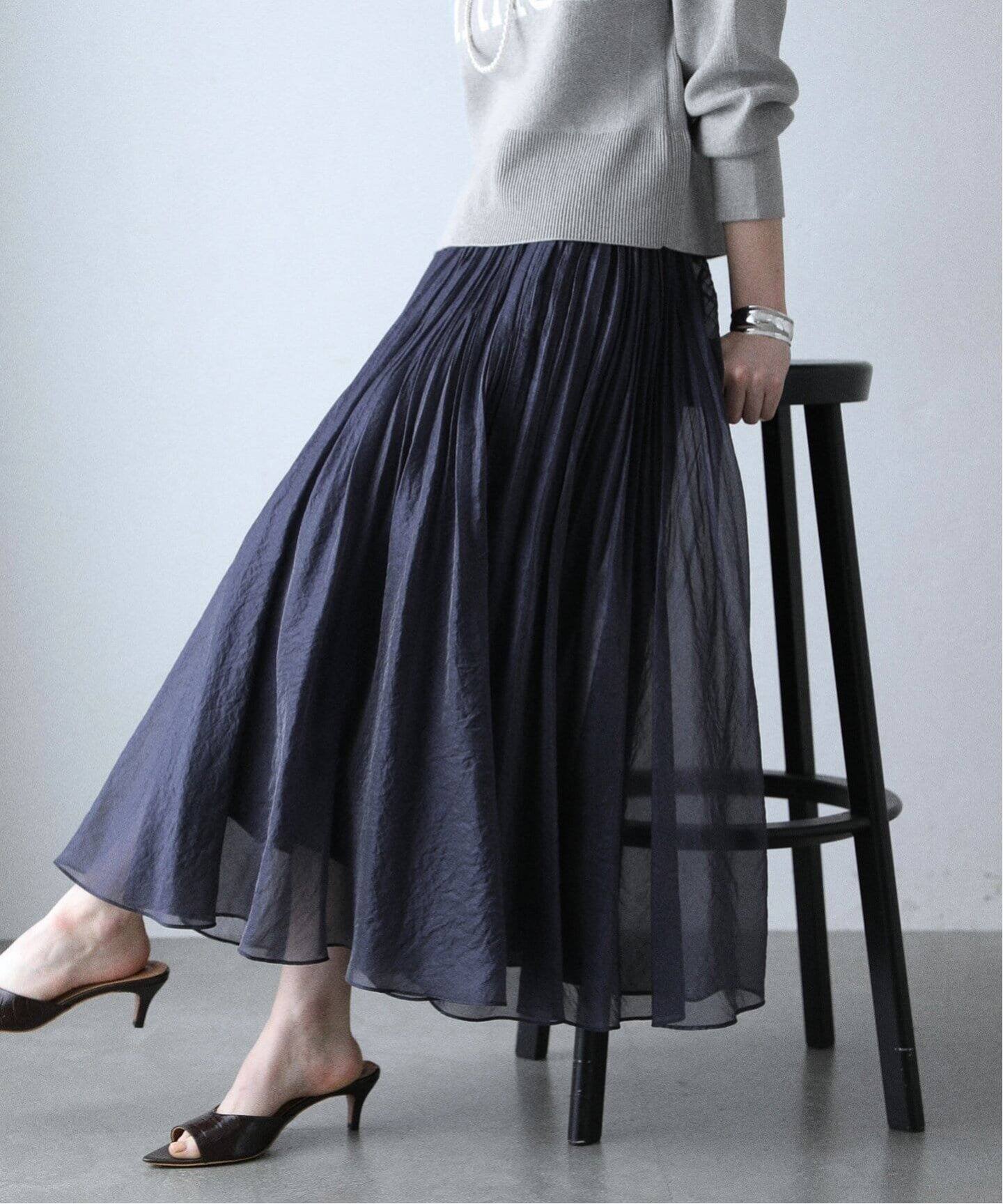 追加》シアーランダムプリーツスカート（ロング・マキシ丈スカート  