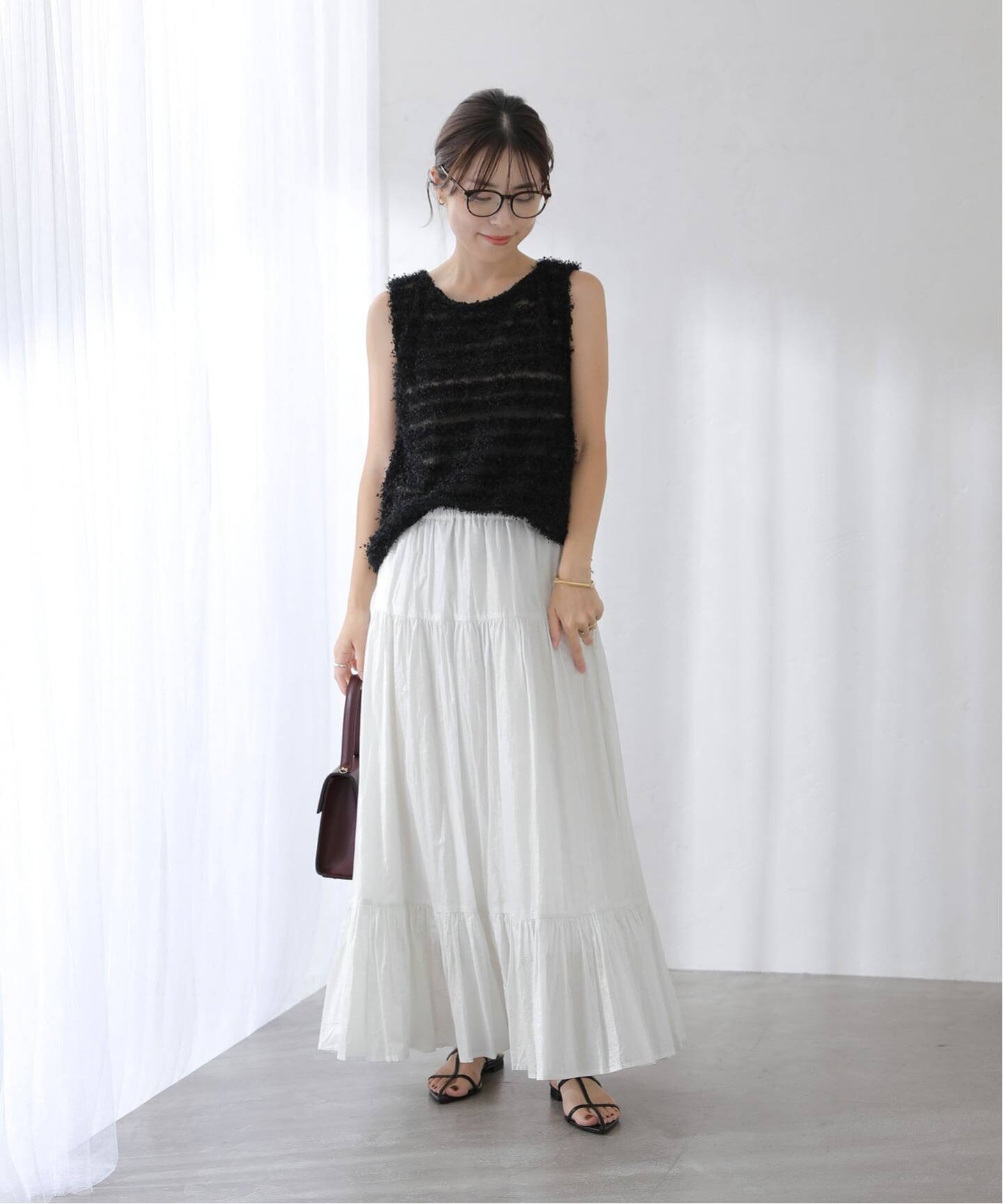 洗える】ローン箔加工ティアードスカート（ロング・マキシ丈スカート