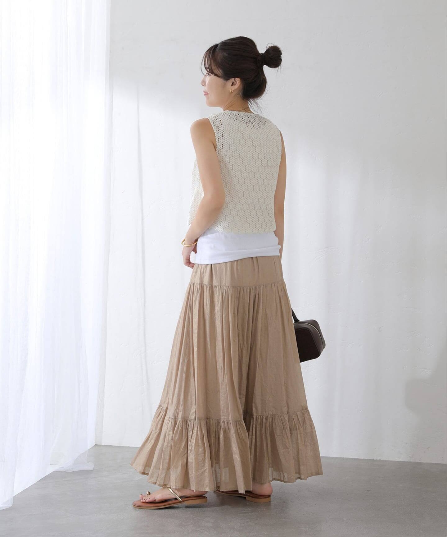 LaTotalite（ラ トータリテ）　ティアードスカート　３６ 洗える】ローン箔加工ティアードスカート（ロング・マキシ丈