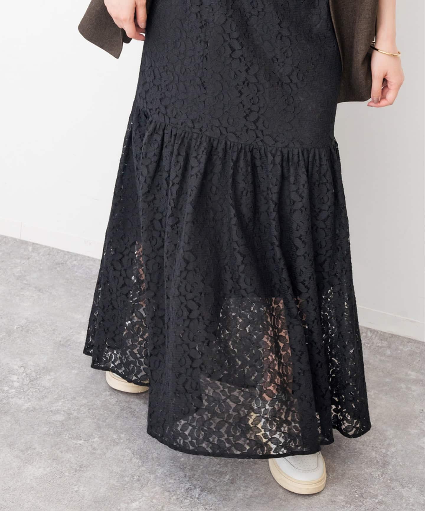 スローブイエナ　ブラック　刺繍　レース　ロングギャザースカート リバーレースギャザースカート（ロング・マキシ丈スカート
