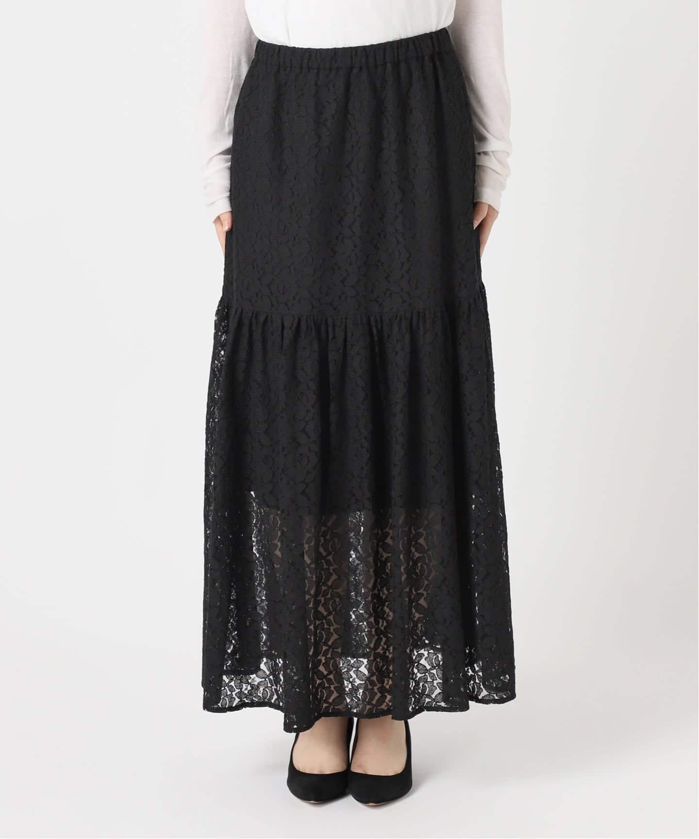 Spick & Span 黒 ロングスカート レースギャザースカート（ロング・マキシ丈スカート）｜Spick