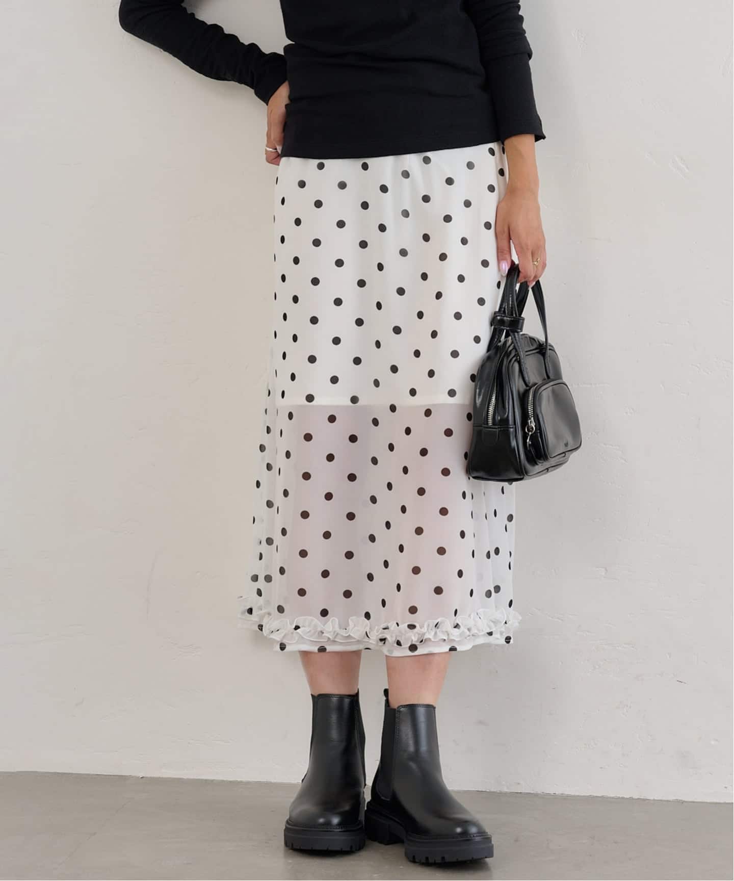 ［最終価格］切替ドットシアースカート 光沢ドットシアーフレアスカート/日本製(ロング・マキシ丈