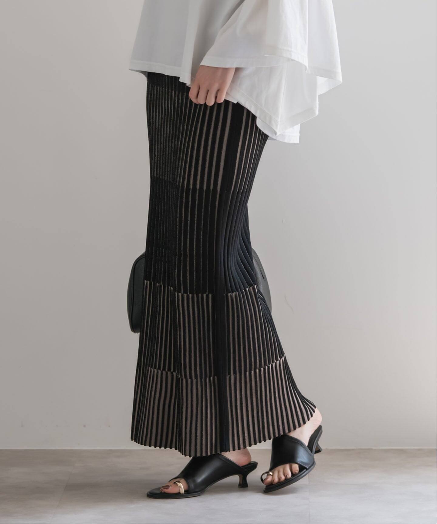 【未使用】NOBLEノーブル　ランダムバイカラーリブニットスカート2 追加》【洗える】ランダムバイカラーリブニットスカート（ロング