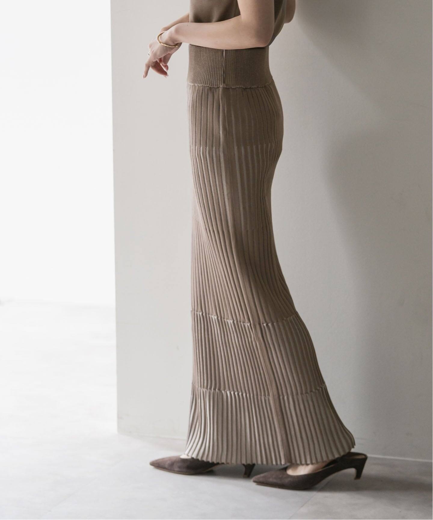 【未使用】NOBLEノーブル　ランダムバイカラーリブニットスカート2 追加》【洗える】ランダムバイカラーリブニットスカート（ロング