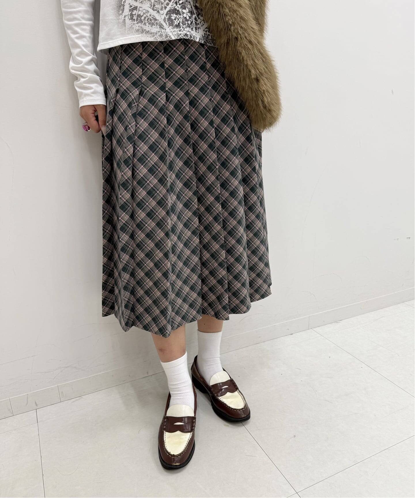 oriens チェック柄ひざ丈スカート フリーサイズ oriens チェック柄ひざ丈スカート フリーサイズ 予約》プリーツ