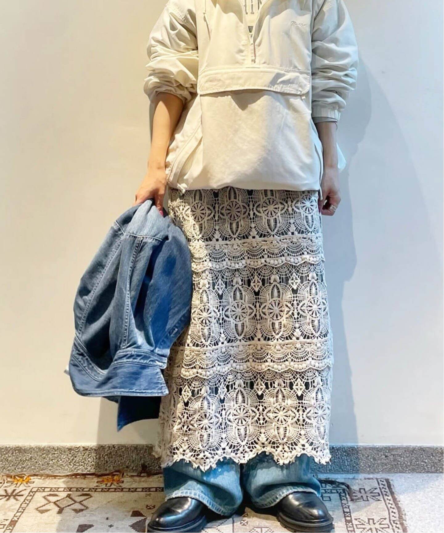 追加》レースMIXスカート（ロング・マキシ丈スカート）｜journal  